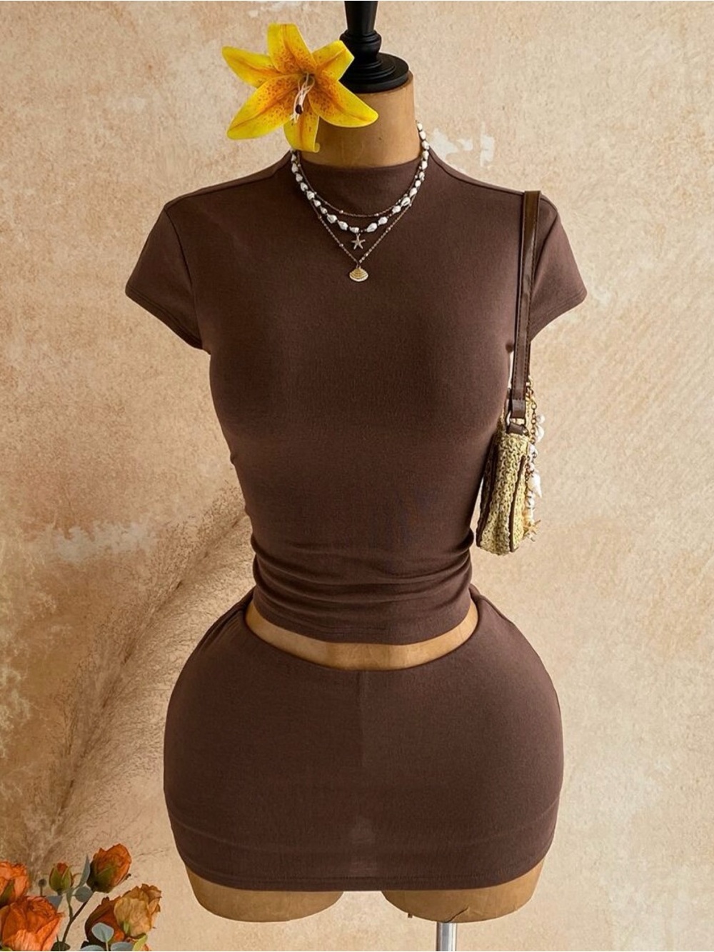 Women’s Fitted Short Sleeve Crop Top & Skort Set Brown / 2 (XS)